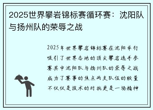 2025世界攀岩锦标赛循环赛：沈阳队与扬州队的荣辱之战